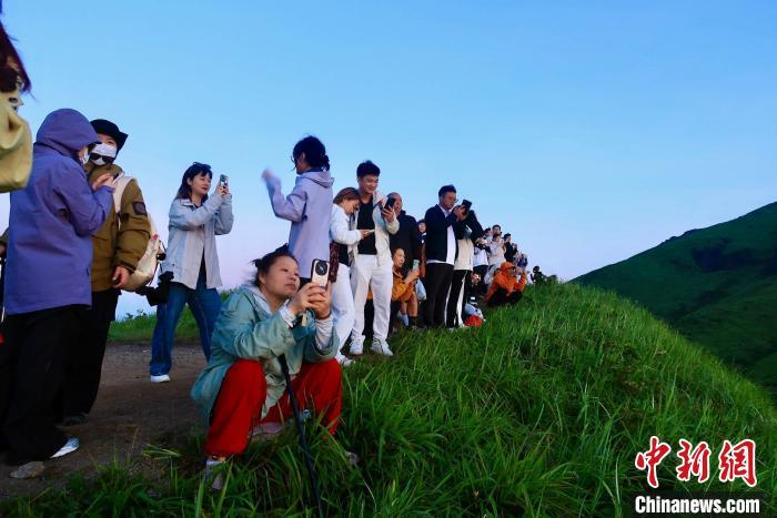 图为7月5日,江西萍乡武功山风景名胜区,众多游客徒步夜爬登山看日出。朱莹 摄